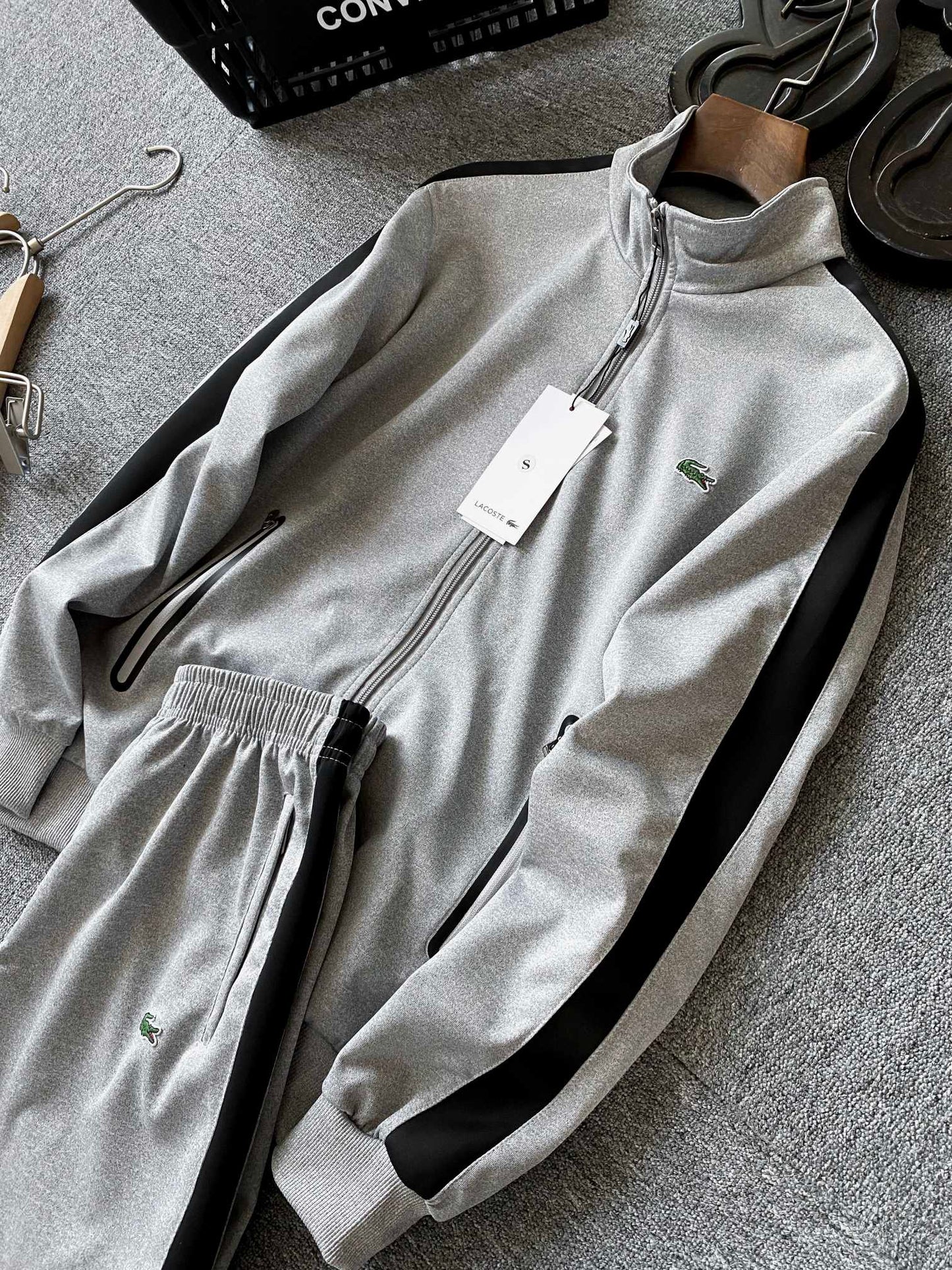 Lcoste Grey/Black Stripes Tracksuit