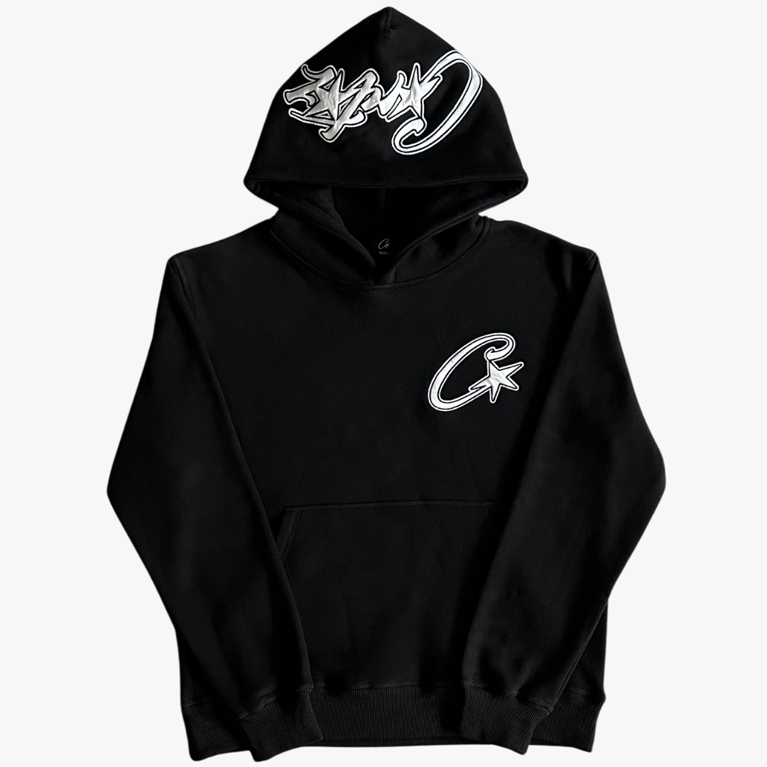 Black Satin C-star Applique Hoodie