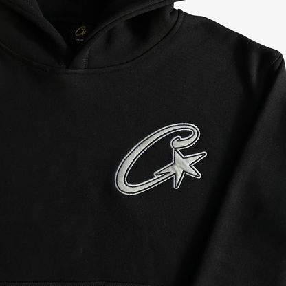 Black Satin C-star Applique Hoodie